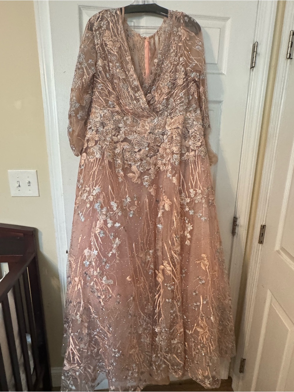 Embroidered Long Sleeve Formal Dress in Rose Gold